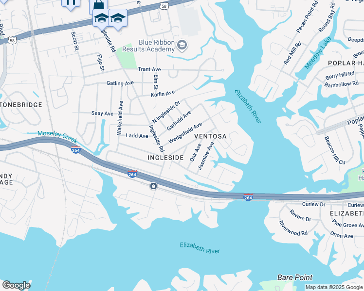 map of restaurants, bars, coffee shops, grocery stores, and more near 3634 Peake Road in Norfolk