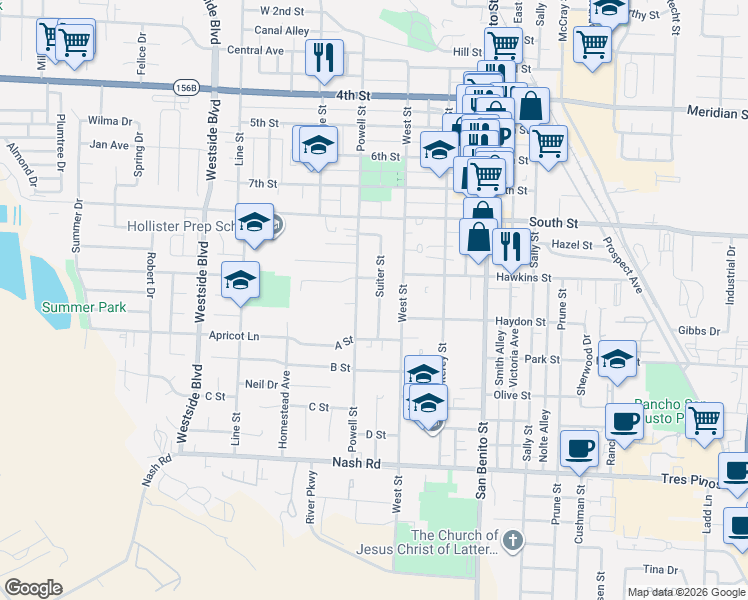 map of restaurants, bars, coffee shops, grocery stores, and more near 920 Suiter Street in Hollister