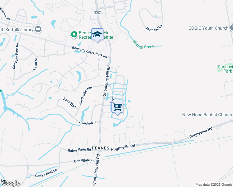map of restaurants, bars, coffee shops, grocery stores, and more near 1106 Island Park Circle in Suffolk