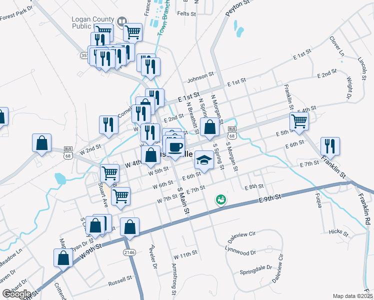 map of restaurants, bars, coffee shops, grocery stores, and more near 188 North Summer in Russellville