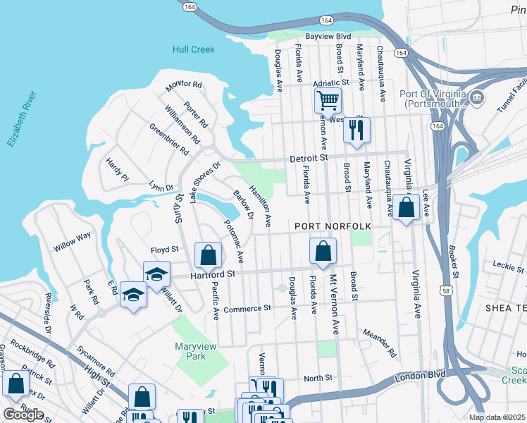 map of restaurants, bars, coffee shops, grocery stores, and more near 522 Hamilton Avenue in Portsmouth