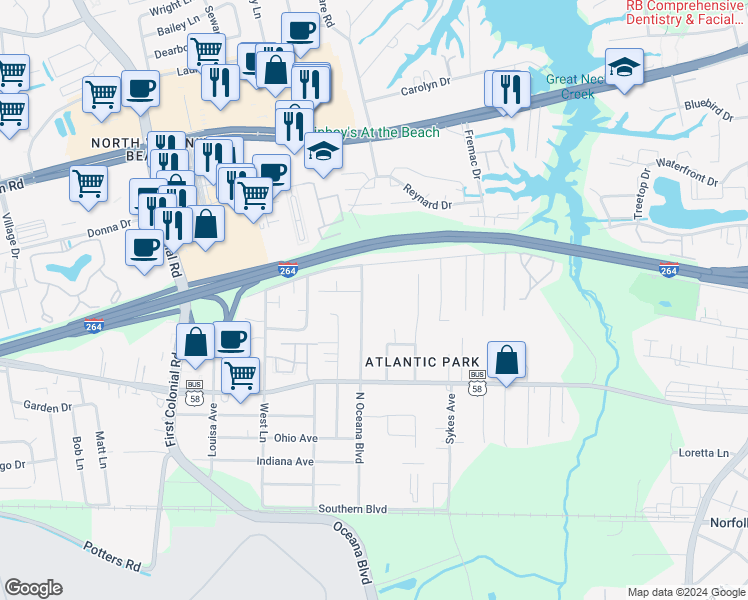 map of restaurants, bars, coffee shops, grocery stores, and more near 438 North Oceana Boulevard in Virginia Beach