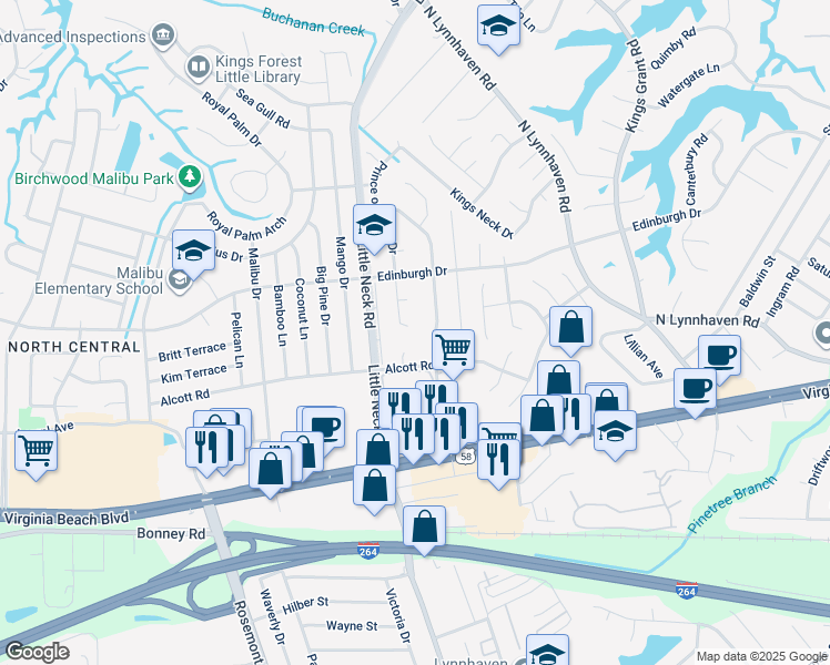 map of restaurants, bars, coffee shops, grocery stores, and more near 401 Prince of Wales Drive in Virginia Beach