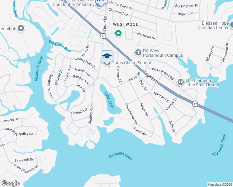 map of restaurants, bars, coffee shops, grocery stores, and more near 4305 Manchester Road in Portsmouth