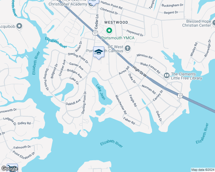 map of restaurants, bars, coffee shops, grocery stores, and more near 4305 Manchester Road in Portsmouth