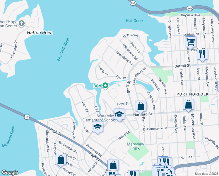 map of restaurants, bars, coffee shops, grocery stores, and more near 526 Lanier Crescent in Portsmouth