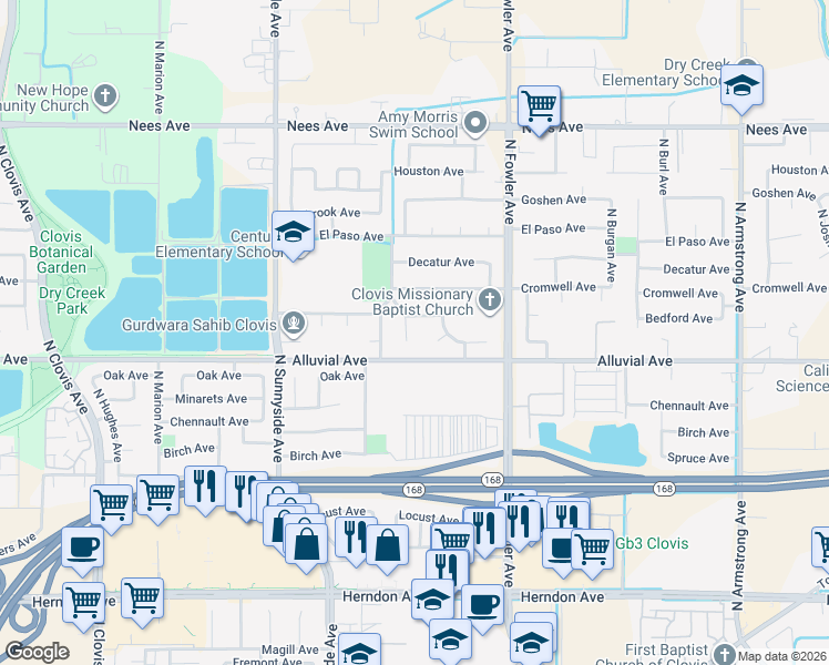 map of restaurants, bars, coffee shops, grocery stores, and more near 1628 Bedford Avenue in Clovis
