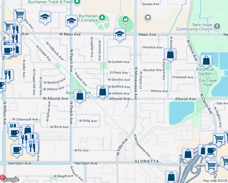 map of restaurants, bars, coffee shops, grocery stores, and more near 80 West Bedford Avenue in Clovis