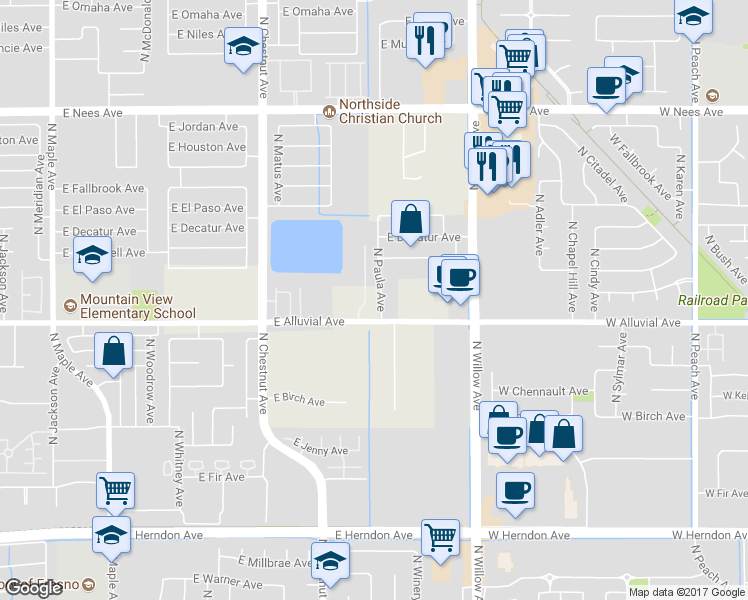 map of restaurants, bars, coffee shops, grocery stores, and more near 7550 North Paula Avenue in Fresno