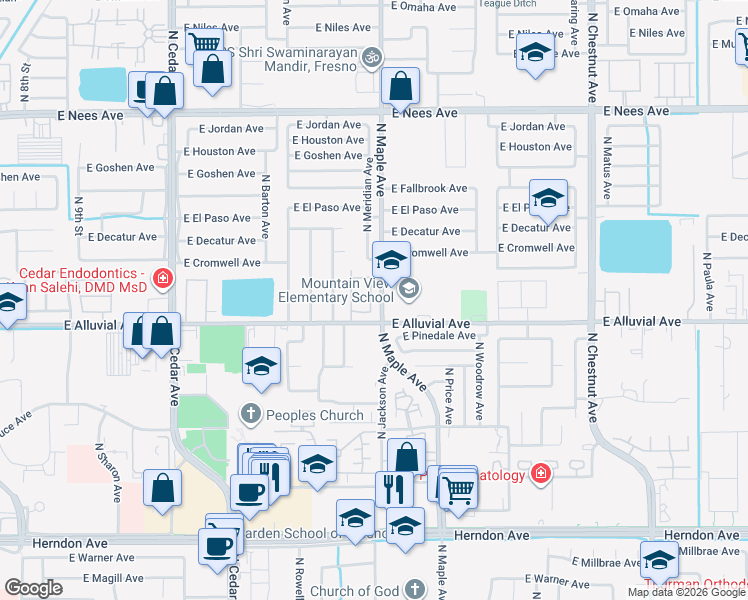 map of restaurants, bars, coffee shops, grocery stores, and more near 7574 North Trellis Circle in Fresno