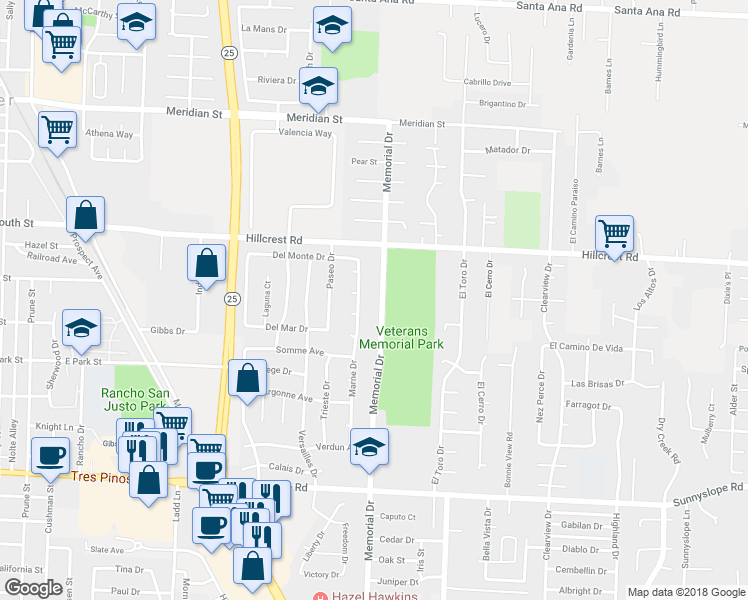 map of restaurants, bars, coffee shops, grocery stores, and more near 891 Marne Drive in Hollister
