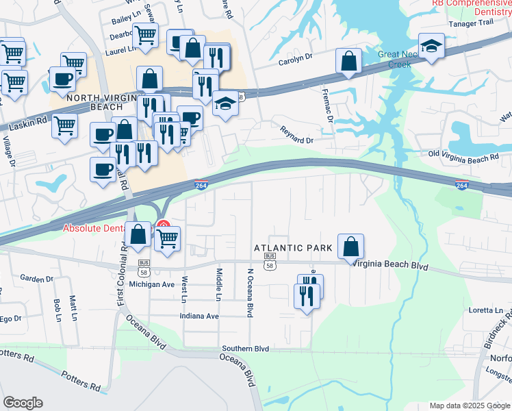 map of restaurants, bars, coffee shops, grocery stores, and more near 452 North Oceana Boulevard in Virginia Beach