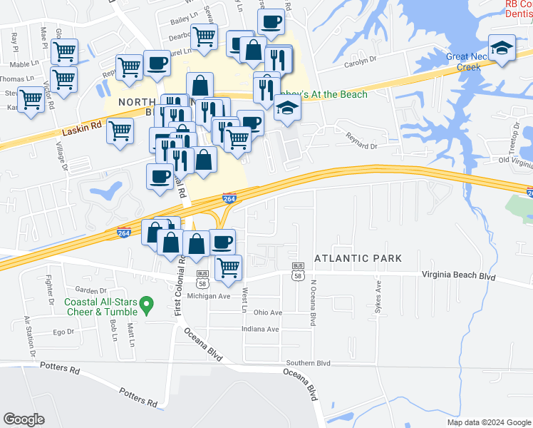 map of restaurants, bars, coffee shops, grocery stores, and more near 485 Hill Meadow Drive in Virginia Beach