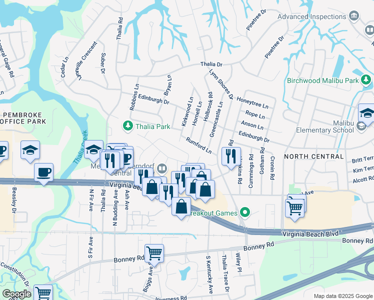 map of restaurants, bars, coffee shops, grocery stores, and more near 3940 Roebling Lane in Virginia Beach