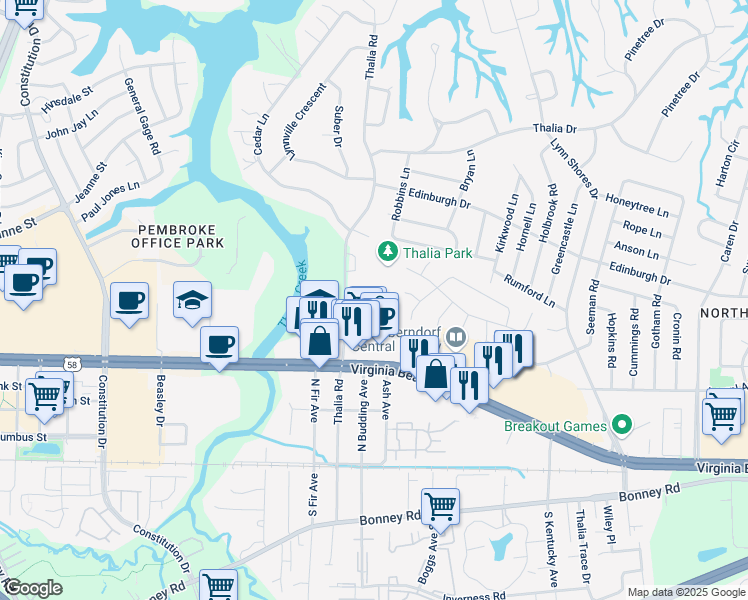 map of restaurants, bars, coffee shops, grocery stores, and more near 4208 Thalia Forest Lane in Virginia Beach