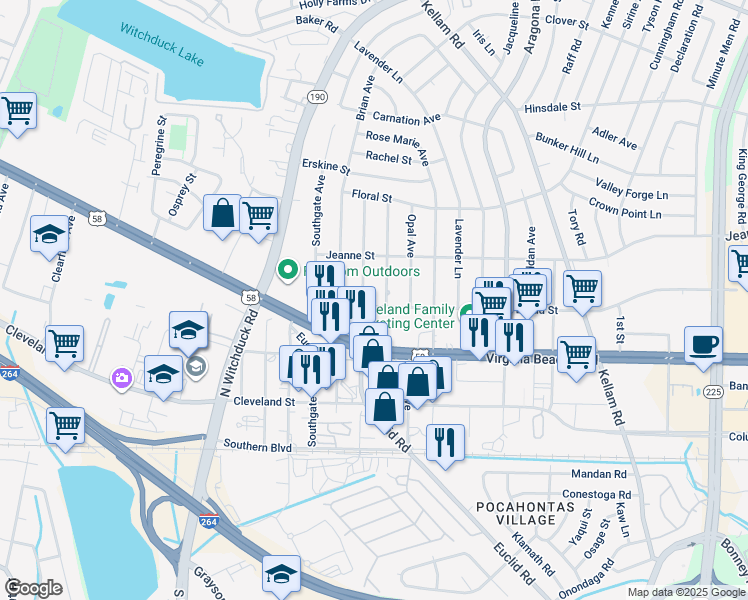 map of restaurants, bars, coffee shops, grocery stores, and more near 333 Dorset Avenue in Virginia Beach