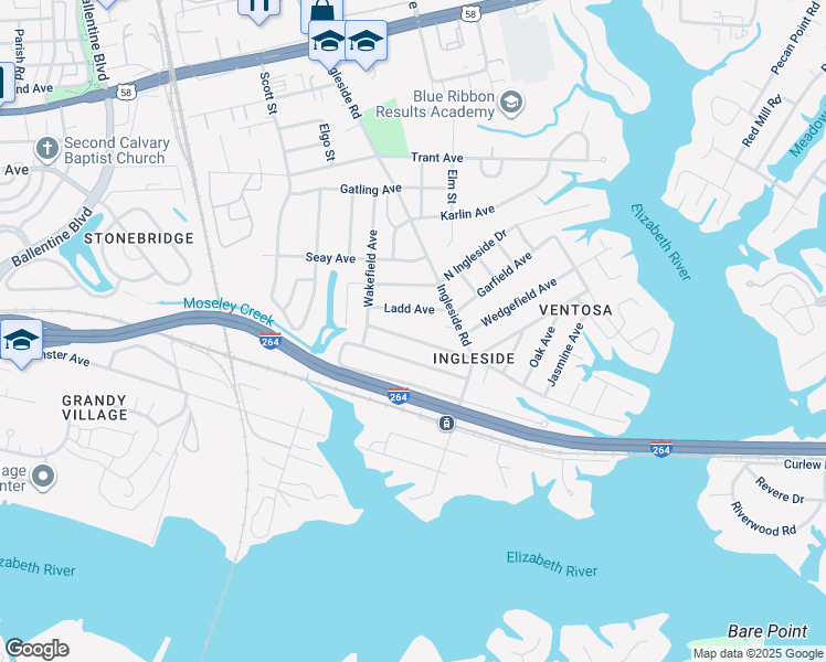 map of restaurants, bars, coffee shops, grocery stores, and more near 3568 Riverside Drive in Norfolk
