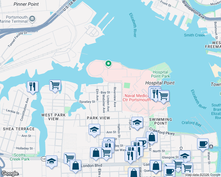 map of restaurants, bars, coffee shops, grocery stores, and more near 8 Riverview Avenue in Portsmouth