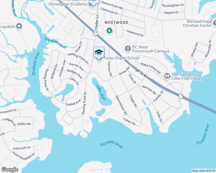 map of restaurants, bars, coffee shops, grocery stores, and more near 4305 Manchester Road in Portsmouth
