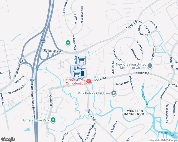 map of restaurants, bars, coffee shops, grocery stores, and more near 3217 Cricket Lane in Chesapeake