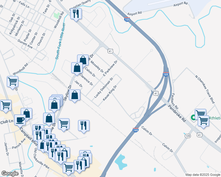 map of restaurants, bars, coffee shops, grocery stores, and more near 307 Kauai King Drive in Hopkinsville