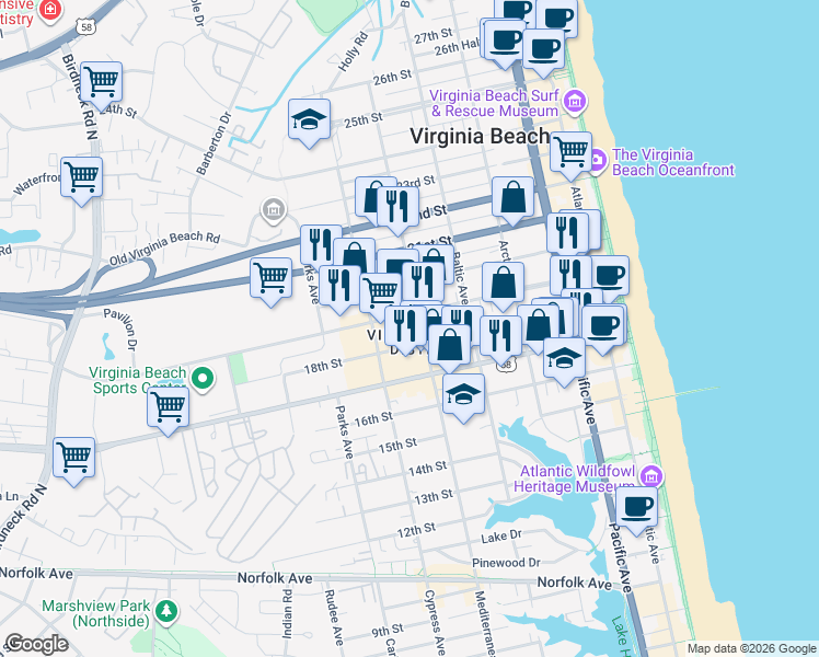 map of restaurants, bars, coffee shops, grocery stores, and more near 609 19th Street in Virginia Beach