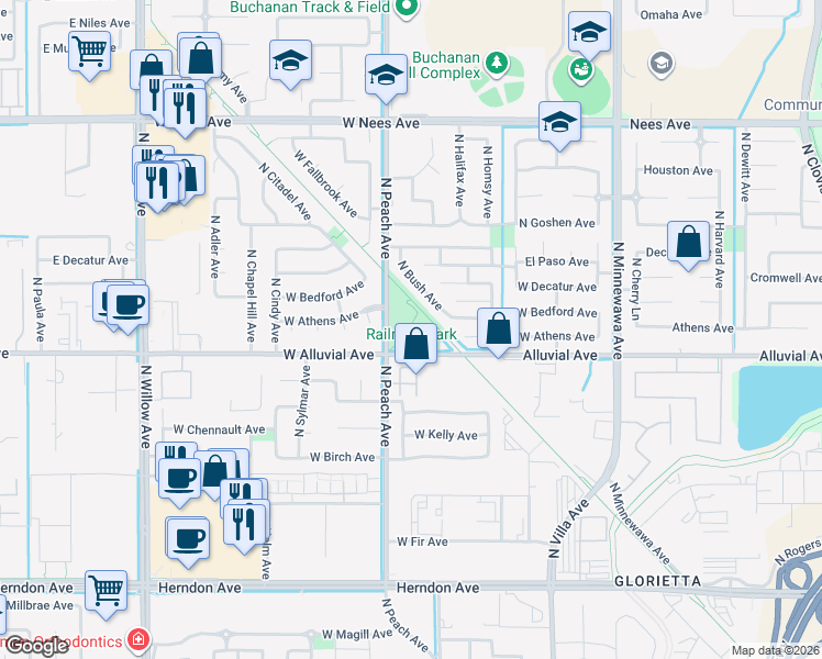 map of restaurants, bars, coffee shops, grocery stores, and more near 305 West Alluvial Avenue in Clovis