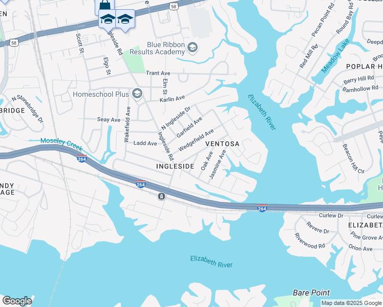 map of restaurants, bars, coffee shops, grocery stores, and more near 3634 Peake Road in Norfolk