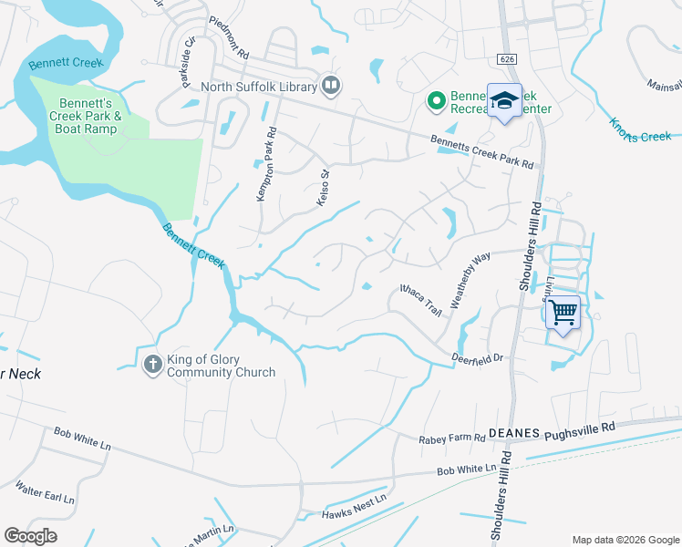 map of restaurants, bars, coffee shops, grocery stores, and more near 6006 Steeplechase Lane in Suffolk