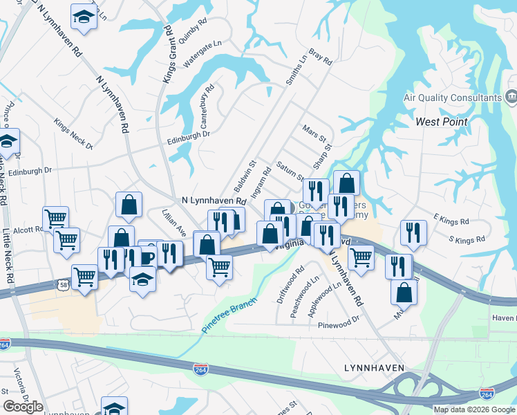 map of restaurants, bars, coffee shops, grocery stores, and more near 408 Ingram Road in Virginia Beach