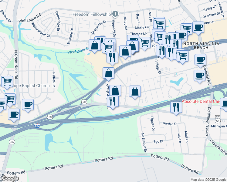 map of restaurants, bars, coffee shops, grocery stores, and more near 417 Fountain Drive in Virginia Beach