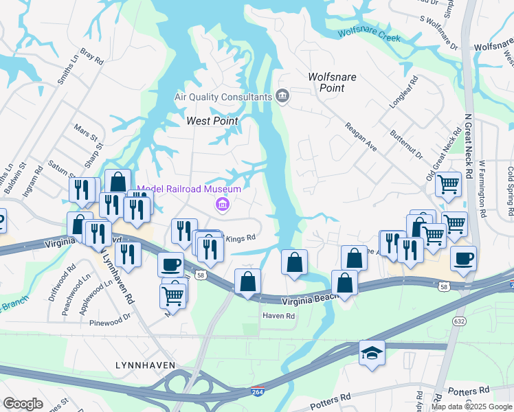 map of restaurants, bars, coffee shops, grocery stores, and more near 404 Wolfs Neck Trail in Virginia Beach