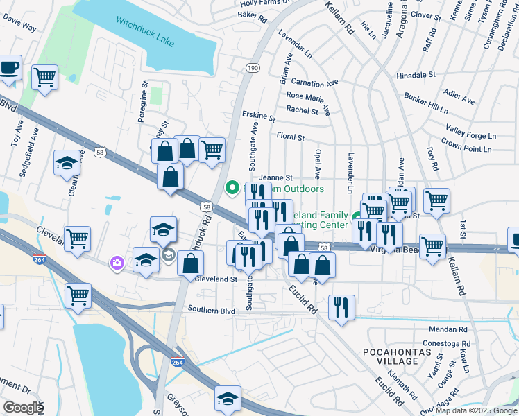 map of restaurants, bars, coffee shops, grocery stores, and more near 5028 Broad Street in Virginia Beach