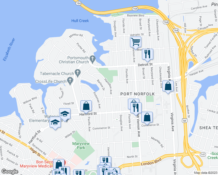 map of restaurants, bars, coffee shops, grocery stores, and more near 522 Hamilton Avenue in Portsmouth