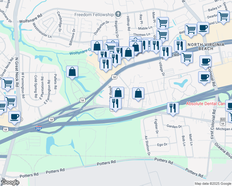 map of restaurants, bars, coffee shops, grocery stores, and more near 417 Fountain Drive in Virginia Beach