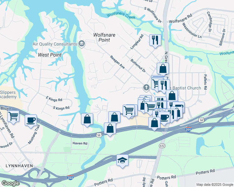map of restaurants, bars, coffee shops, grocery stores, and more near 446 Lake Havasu Drive in Virginia Beach