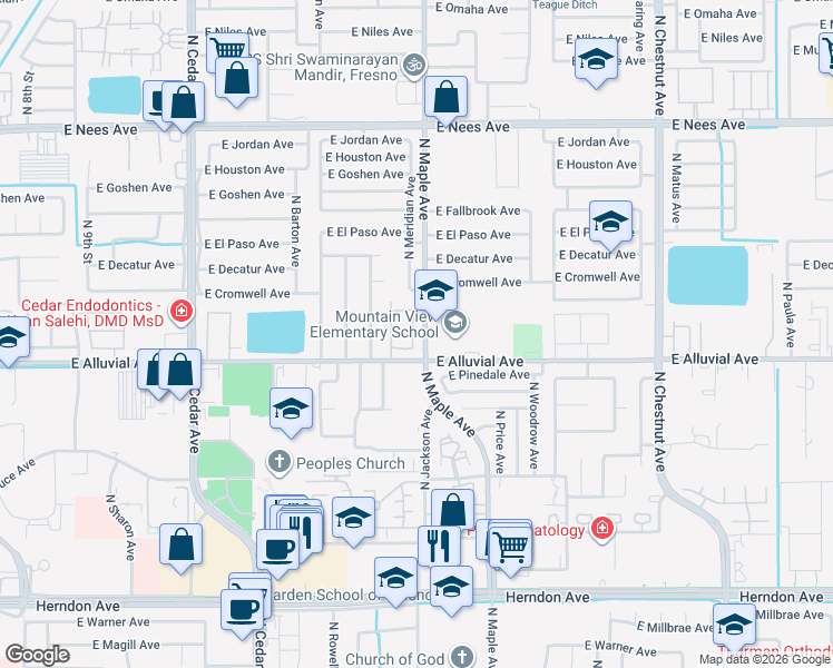 map of restaurants, bars, coffee shops, grocery stores, and more near 7574 North Trellis Circle in Fresno