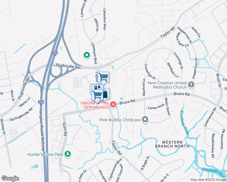 map of restaurants, bars, coffee shops, grocery stores, and more near 3217 Cricket Lane in Chesapeake
