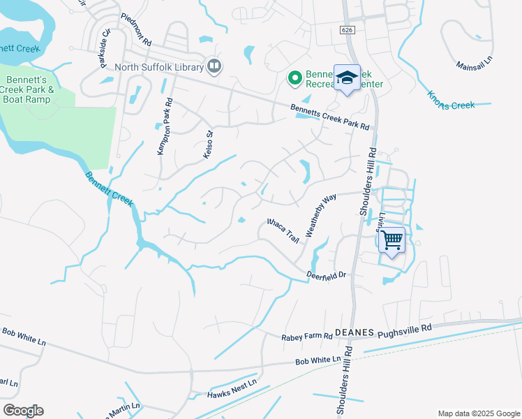 map of restaurants, bars, coffee shops, grocery stores, and more near 3505 Farrier Cove in Suffolk