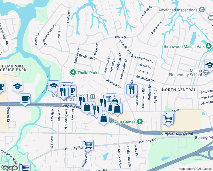 map of restaurants, bars, coffee shops, grocery stores, and more near 3940 Roebling Lane in Virginia Beach
