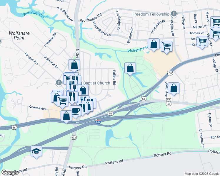 map of restaurants, bars, coffee shops, grocery stores, and more near 400 East Farmington Road in Virginia Beach