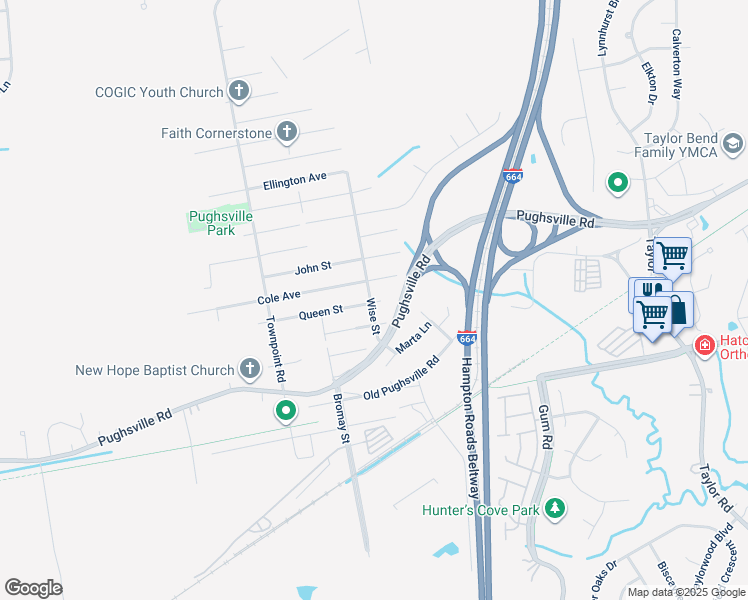 map of restaurants, bars, coffee shops, grocery stores, and more near 5040 Queen Street in Chesapeake