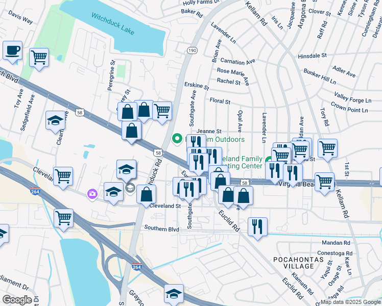 map of restaurants, bars, coffee shops, grocery stores, and more near Southgate Avenue in Virginia Beach