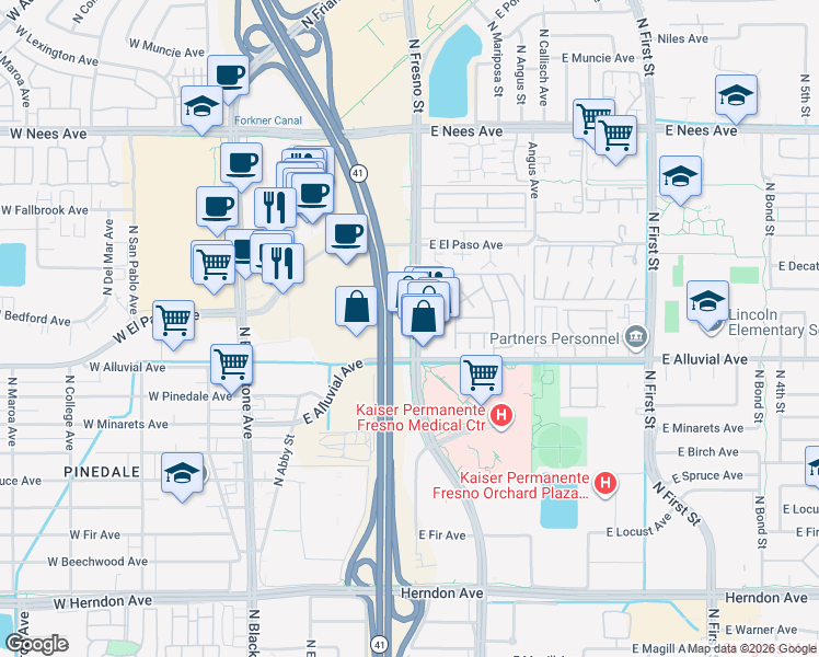 map of restaurants, bars, coffee shops, grocery stores, and more near 7455 North Fresno Street in Fresno