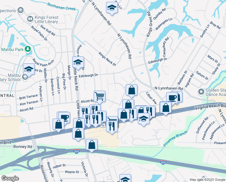 map of restaurants, bars, coffee shops, grocery stores, and more near 412 Philbate Terrace in Virginia Beach