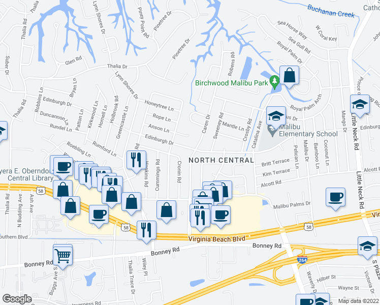 map of restaurants, bars, coffee shops, grocery stores, and more near 3800 Edinburgh Drive in Virginia Beach