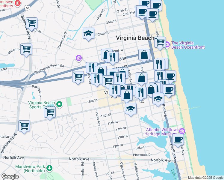 map of restaurants, bars, coffee shops, grocery stores, and more near 609 19th Street in Virginia Beach