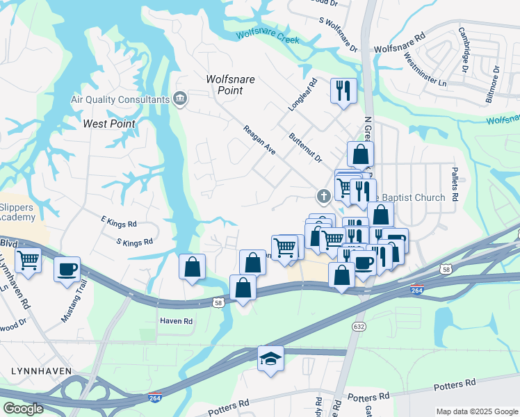 map of restaurants, bars, coffee shops, grocery stores, and more near 430 Lake Havasu Drive in Virginia Beach