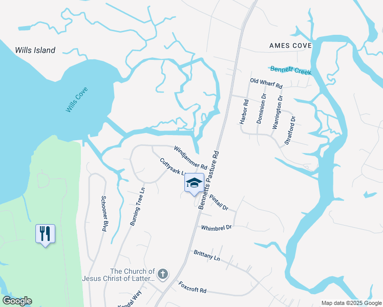 map of restaurants, bars, coffee shops, grocery stores, and more near 2820 Windjammer Road in Suffolk