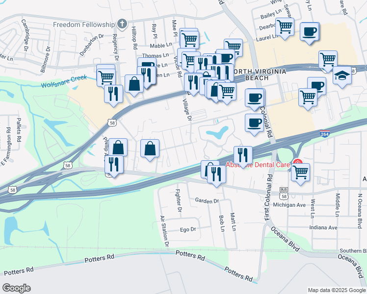 map of restaurants, bars, coffee shops, grocery stores, and more near 410 Chesire Court North in Virginia Beach
